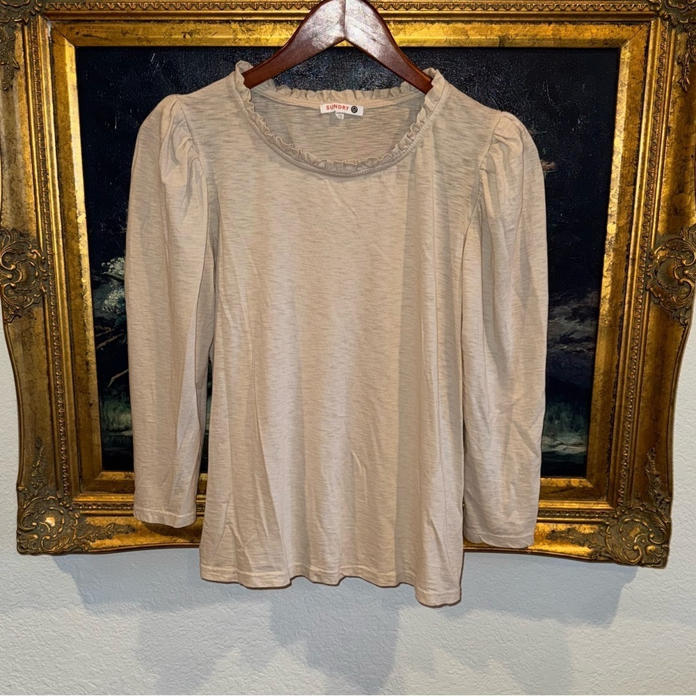 Sundry Oatmeal Ruffle Accent 100% Pima Cotton Long Sleeve Top Size Small